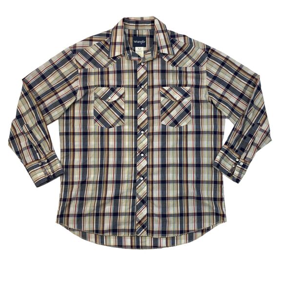 Wrangler Western Shirt Mens 16.5 Beige Navy Pearl Snap Plaid Long Sleeve Pockets - Picture 1 of 10